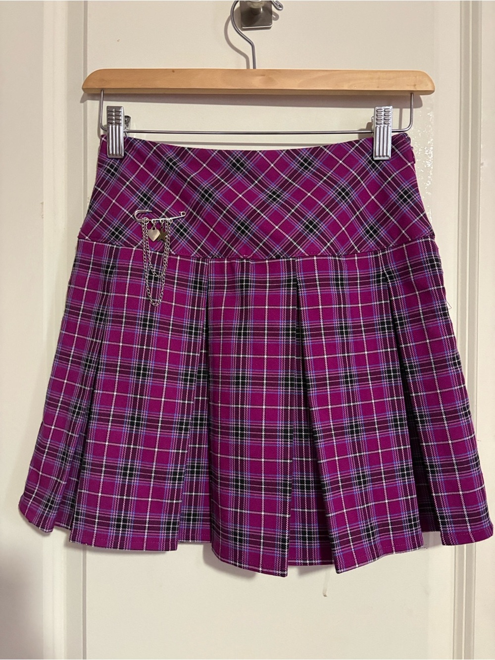 NOBO Magenta Plaid Pleated Skater Skirt with Chain Accent